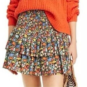 PERSEVERANCE London Poppy Floral Mini Skirt Smocked Tiered Ruffle Linen Sz 16